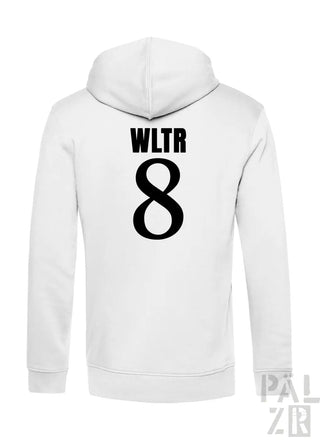 Weißer männer zipper hoodie mit schwarzem wltr 8 print auf der rückseite in verschiedenen farben