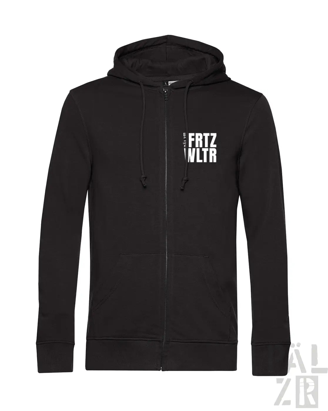 Schwarzer männer zip-up hoodie mit weißem fritz und wltr schriftzug auf der brust in verschiedenen farben
