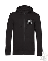 Schwarzer männer zip-up hoodie mit weißem fritz und wltr schriftzug auf der brust in verschiedenen farben