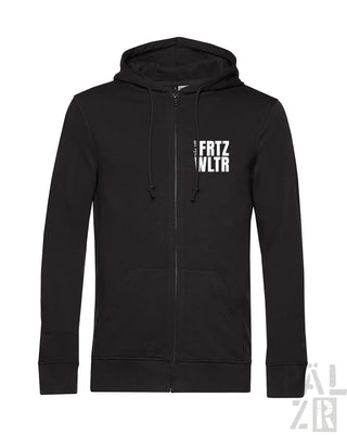 Schwarzer männer zip-up hoodie mit weißem fritz und wltr schriftzug auf der brust in verschiedenen farben