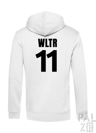 Weißer hoodie für männer mit zipper und schwarzem wltr 11 print auf der rückseite in verschiedenen farben