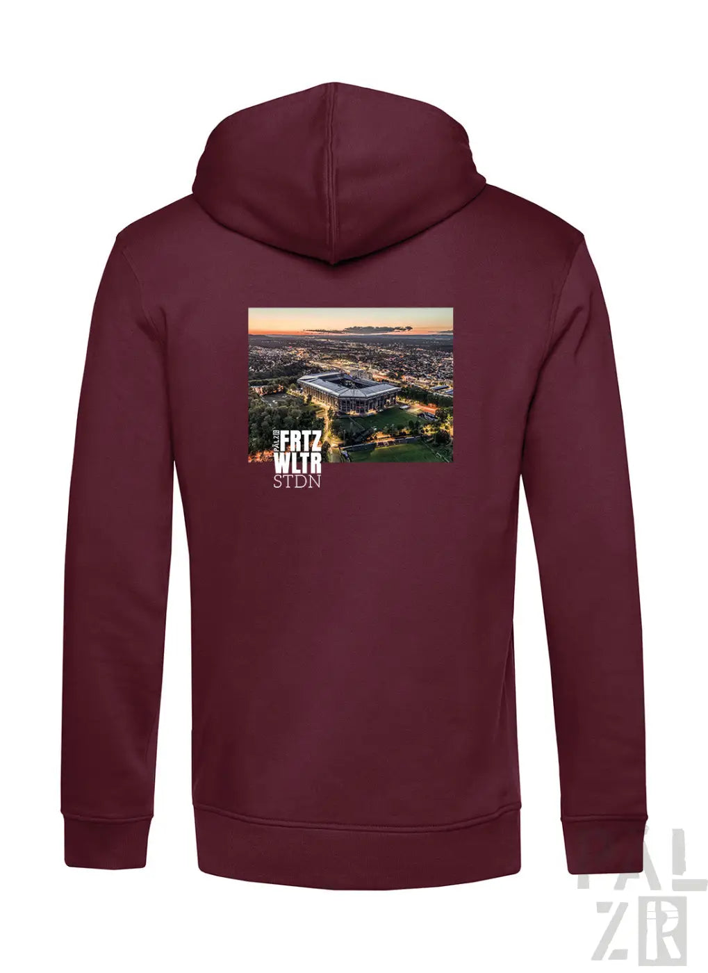 Maroon zip-up hoodie mit gedrucktem grafik eines stadion-luftbildes und fritz wltr stdn text darunter für männer