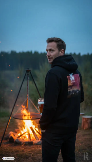 Schwarzer herren zipper hoodie mit rechteckigem grafikpatch auf der rückseite zeigt sonnenuntergang über wasser