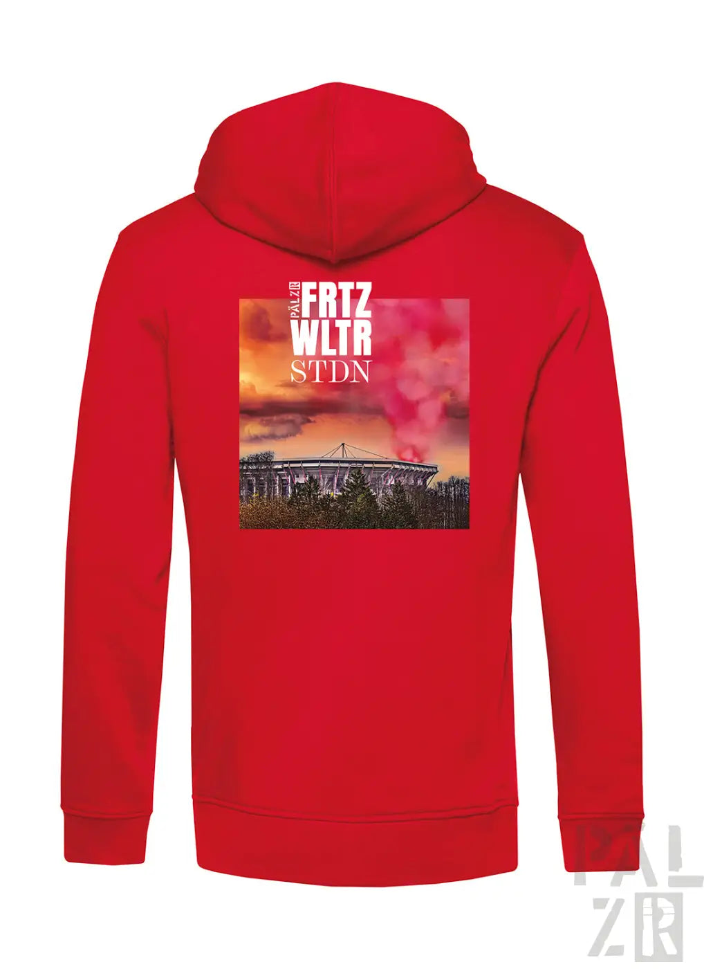 Roter zip-up hoodie männer mit printed grafik eines stadions unter sonnenuntergang und text frtz wltr stdn