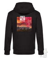 Männer zipper hoodie in schwarz mit farbigem stadionmotiv und text palzb fritz wltr stdn unter rosa orangefarbenem himmel