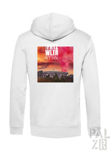 Weißes herren zip-up hoodie mit farbenfrohem stadion sunset grafik und panz wltr stdn schriftzug vorne