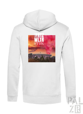 Weißes herren zip-up hoodie mit farbenfrohem stadion sunset grafik und panz wltr stdn schriftzug vorne