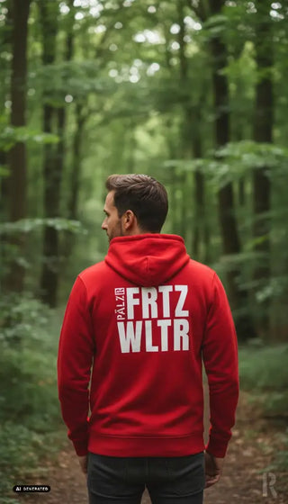 Roter herren zipper mit weißem vertikalem palzir fritz wltr schriftzug auf der rückseite in verschiedenen farben