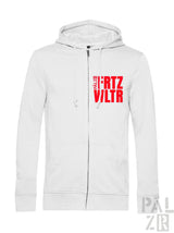 Weißes zip-up hoodie für männer mit rotem frtz viltr text auf der brust in verschiedenen farben erhältlich