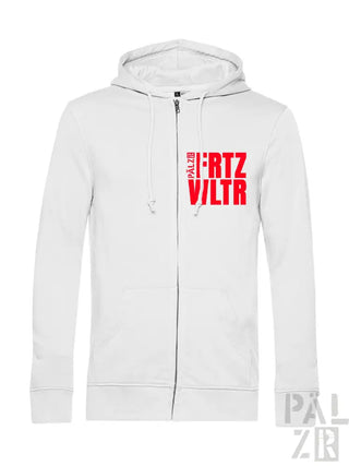 Weißes zip-up hoodie für männer mit rotem frtz viltr text auf der brust in verschiedenen farben erhältlich