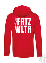 Roter zip-up hoodie männer mit weißer fetter schrift auf der rückseite aus verschiedenen farben