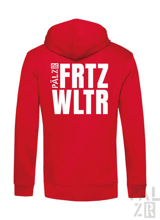 Roter zip-up hoodie männer mit weißer fetter schrift auf der rückseite aus verschiedenen farben