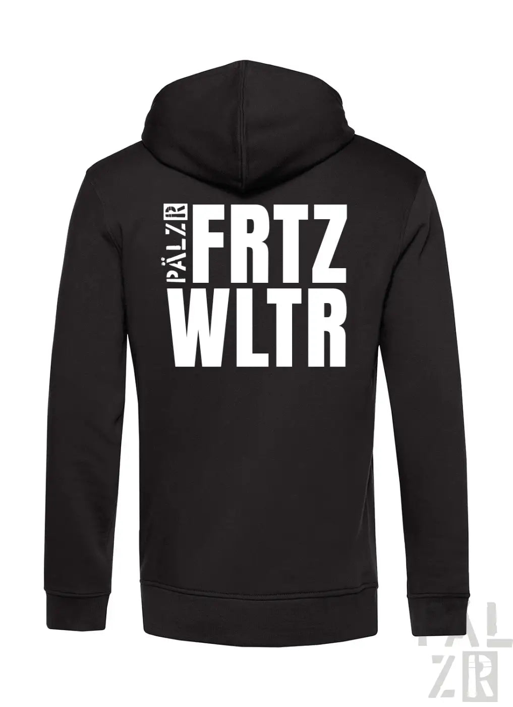 Schwarzer herren-zipper mit weißer großer schrift pálzar fritz wltr auf der rückseite verschiedene farben