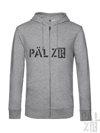 Grauer Kapuzenpulli mit ’pälzr’ Logo.
