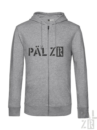Grauer Kapuzenpulli mit ’pälzr’ Logo.