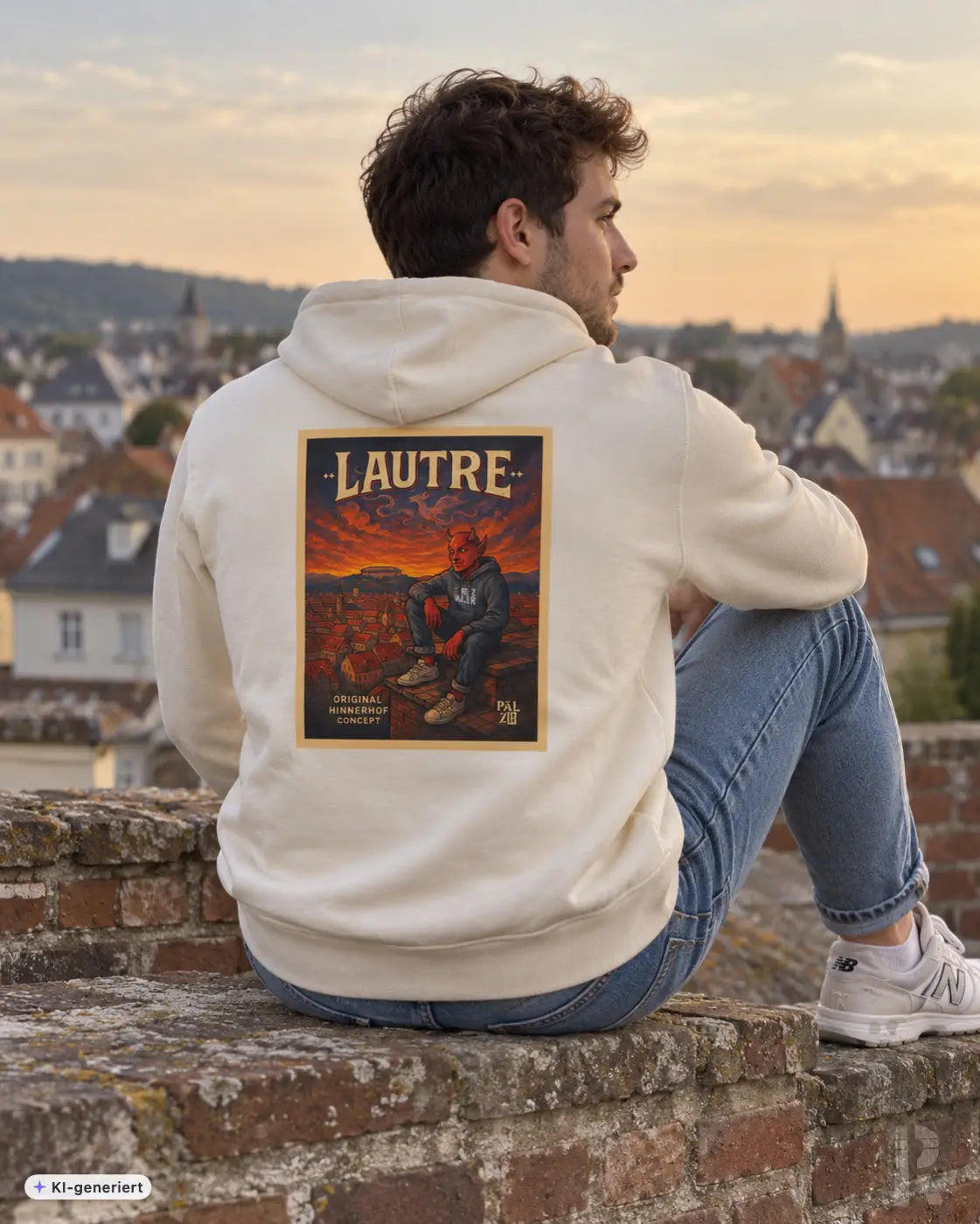 Creamfarbener männer zipper mit vintage grafikdruck und abgebildeter figur vor feurigem himmel auf der rückseite