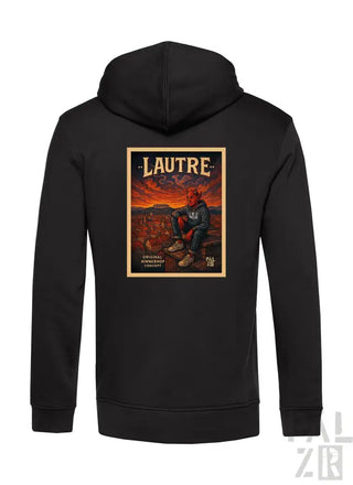 Schwarzes Hoodie mit ’lautre’ Grafikdesign, das eine Charakterillustration zeigt.