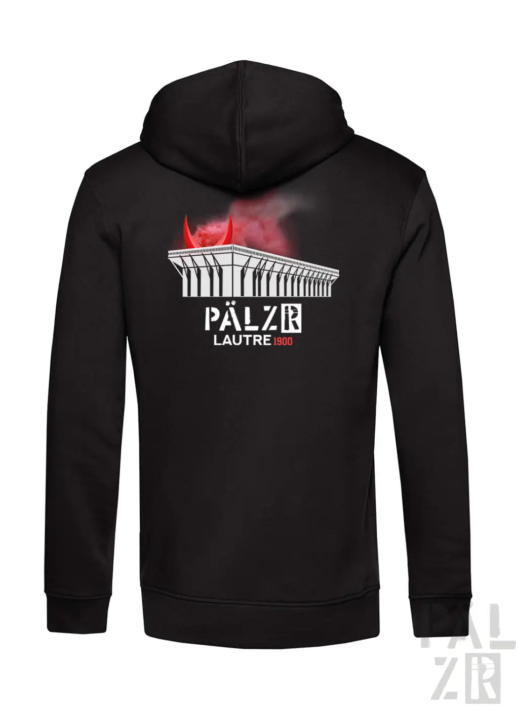 Schwarzer männer zipper mit weißem gebäude und roten teufelshörnern sowie text pälzr lautre 1900 vorne