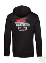 Schwarzer männer zipper mit weißem gebäude und roten teufelshörnern sowie text pälzr lautre 1900 vorne