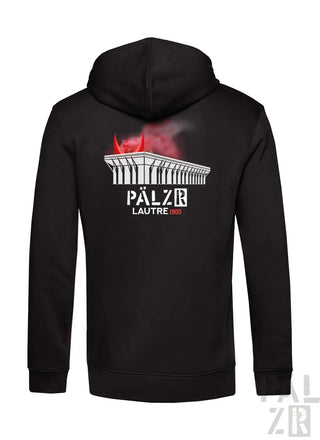 Schwarzer männer zipper mit weißem gebäude und roten teufelshörnern sowie text pälzr lautre 1900 vorne