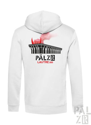 Weißer männer zipper mit schwarzem und rotem gebäude graphic und pälz r lautre 1900 aufdruck