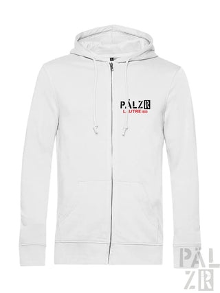 Weißer zipper hoodie von lautre1900 mit schwarzem und rotem logo auf der brust für männer in verschiedenen farben