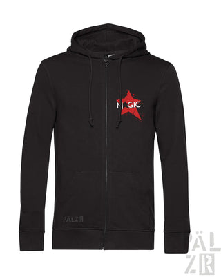 Schwarze Kapuzenjacke mit Reißverschluss, rotem Stern und weißem Text-Design.