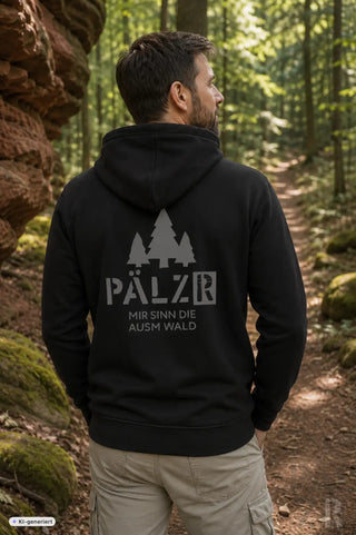 Männer zipper in schwarz mit grauem baummotiv und pälz text mir sinn die ausw wald auf der rückseite