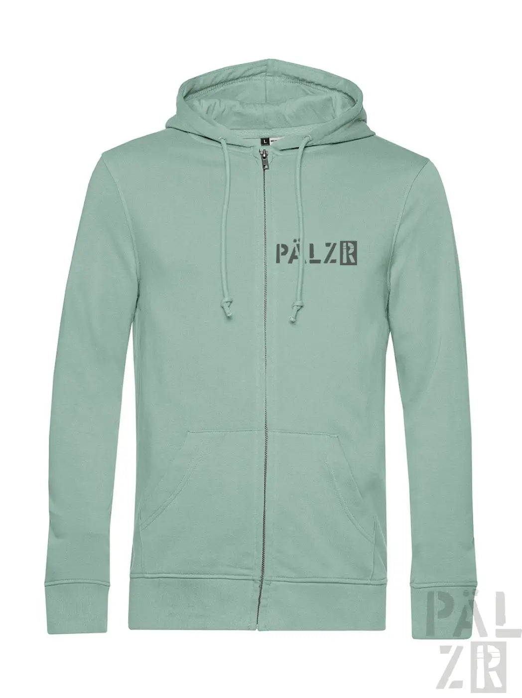 Ein weicher mintgrüner zip-up hoodie männer mit subtiler pälzr logo und passenden kordeln verschiedene farben