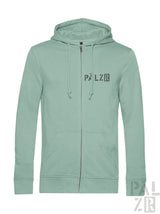 Ein weicher mintgrüner zip-up hoodie männer mit subtiler pälzr logo und passenden kordeln verschiedene farben