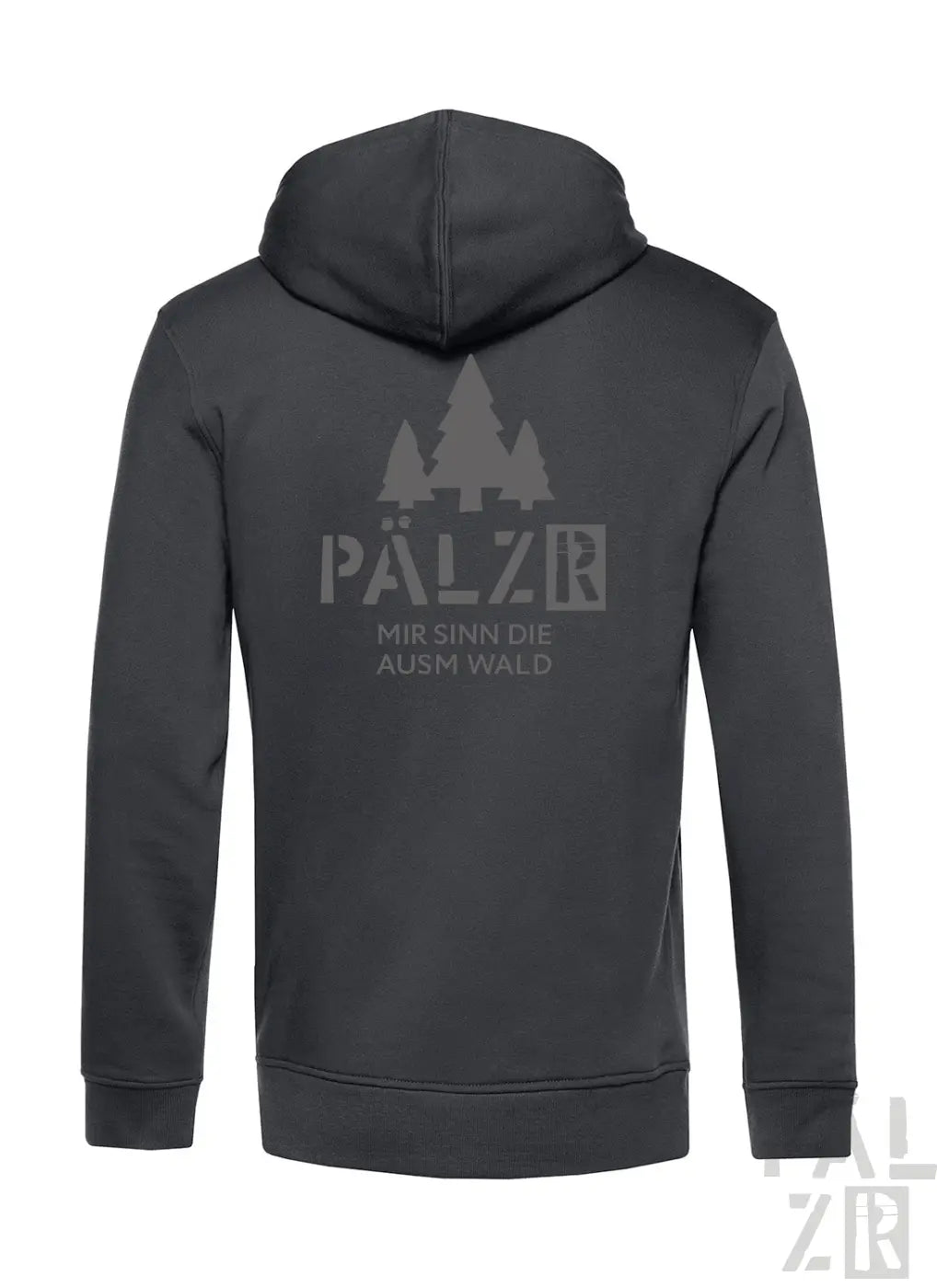 Dunkelgrauer zip-up hoodie mit dezentem waldmotiv und text pälzr mir sinn die ausm wald für männer