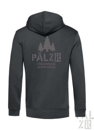 Dunkelgrauer zip-up hoodie mit dezentem waldmotiv und text pälzr mir sinn die ausm wald für männer
