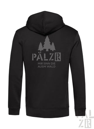 Schwarzer herren zipper mit grauem waldmotiv und text pälzr mir sinn die ausm wald in verschiedenen farben