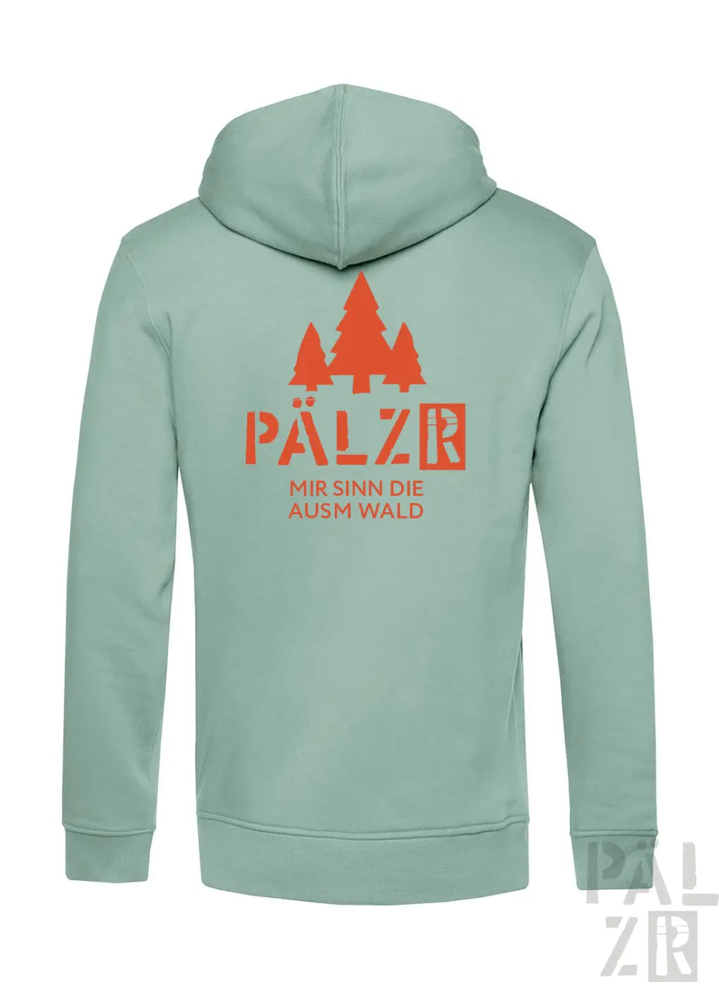 Männer zip-up hoodie in hellmintgrün mit orangem baumgrafik und schriftzug pälzr mir sinn die ausm wald
