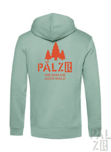 Männer zip-up hoodie in hellmintgrün mit orangem baumgrafik und schriftzug pälzr mir sinn die ausm wald
