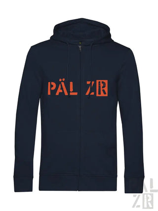 Marineblaue Kapuzenjacke mit ’pälzr’-Logo in Orange und Schwarz, mit Kapuzendesign.
