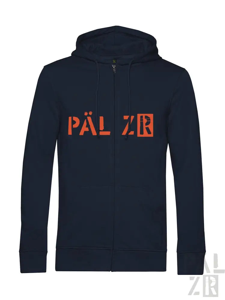 Marineblaue Kapuzenjacke mit ’pälzr’-Logo in Orange und Schwarz, mit Kapuzendesign.