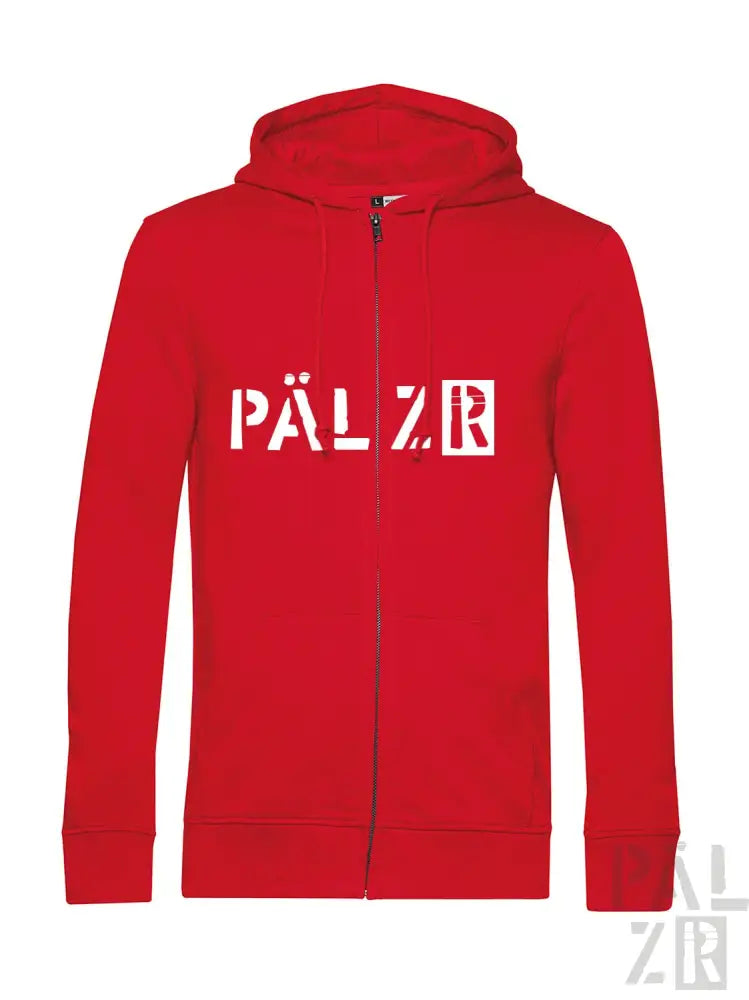 Roter Kapuzenpulli mit Reißverschluss und weißem „pälzr“-Logo auf der Vorderseite.