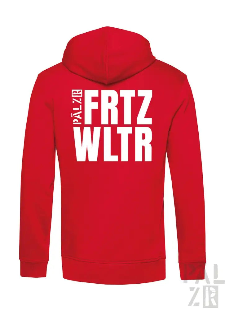 Roter Hoodie mit weißem Textdesign, das ’palzr frtz wltr’ auf dem Rücken zeigt.