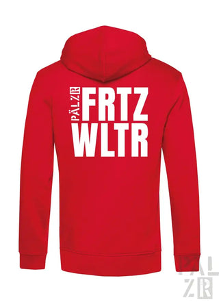Roter Hoodie mit weißem Textdesign, das ’palzr frtz wltr’ auf dem Rücken zeigt.