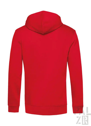 Roter Hoodie mit Kapuze und langen Ärmeln, wahrscheinlich aus Baumwolle oder Polyester-Mischung gefertigt.