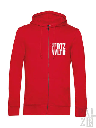 Rote Kapuzenjacke mit Reißverschluss und weißem Textdesign, wahrscheinlich aus Baumwolle oder Polyester-Mischung.