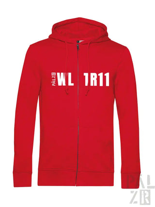 Roter Kapuzenpulli mit Reißverschluss, weißem Text und Design, wahrscheinlich aus Baumwolle oder Polyester-Mischung.