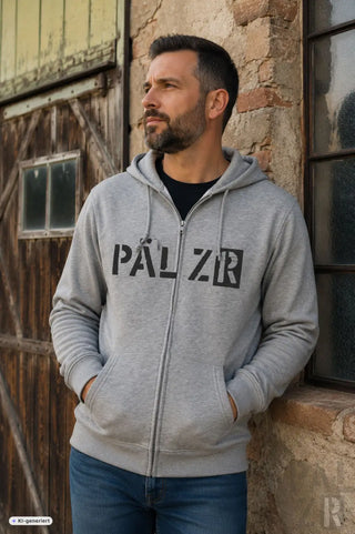 Grauer zipper hoodie für männer mit fettem schwarzem pälzr schriftzug auf der brust aus pälzr originals kollektion