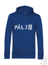 Royal blaue zip-up hoodie mit weißem pälzr schriftzug auf der brust aus der pälzr originals männer kollektion