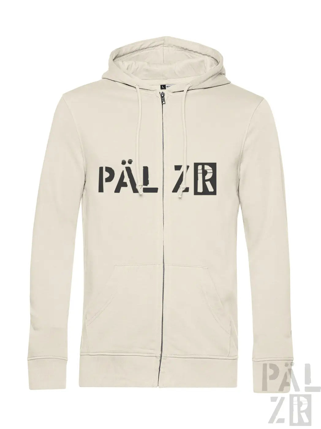 Beige pal zr zip-up hoodie mit schwarzer grafikbeschriftung auf der brust von männer palzr originals