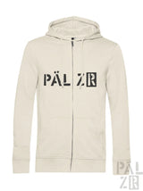 Beige pal zr zip-up hoodie mit schwarzer grafikbeschriftung auf der brust von männer palzr originals