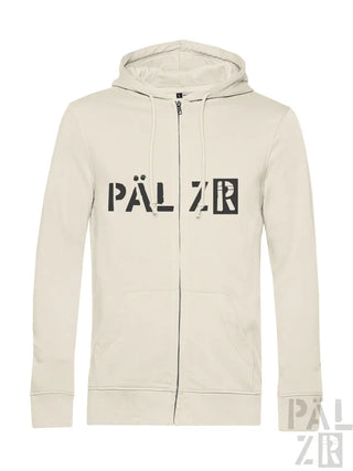Beige pal zr zip-up hoodie mit schwarzer grafikbeschriftung auf der brust von männer palzr originals