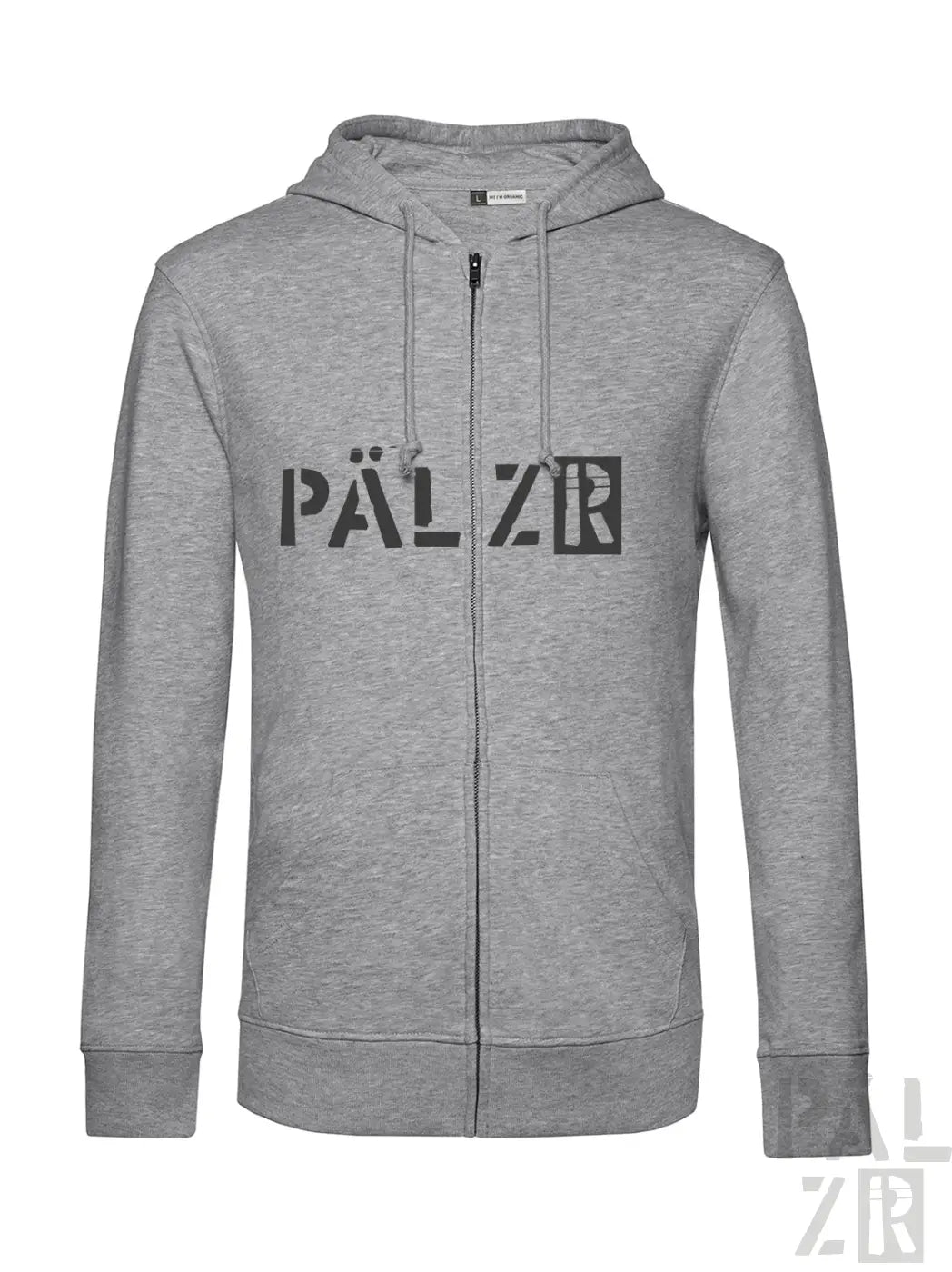 Grauer melierter zip-up hoodie mit schwarzem pälzr schriftzug auf der brust aus der pälzr originals männer kollektion