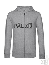 Grauer melierter zip-up hoodie mit schwarzem pälzr schriftzug auf der brust aus der pälzr originals männer kollektion